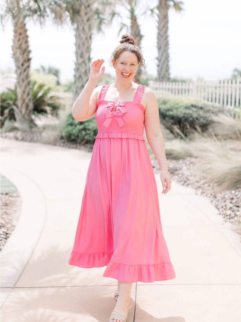 Blu Pepper Pink Ruffle Maxi Dress with Bow Detail